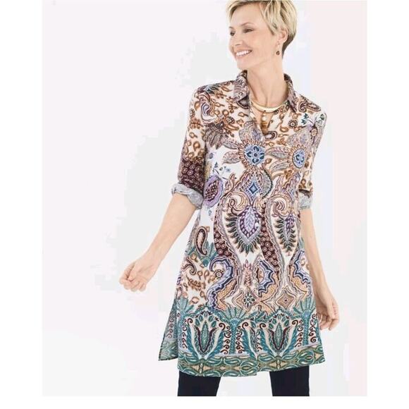 CHICO'S Paisley Patch Shirt Tunic Size 2 (L) Boho Long Sleeve Button Front Top - Picture 1 of 8